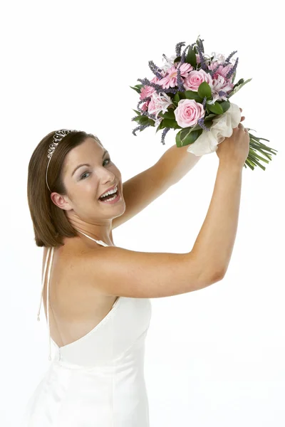 Menyasszony Bouquet Virágok Kezében Portréja — Stock Fotó