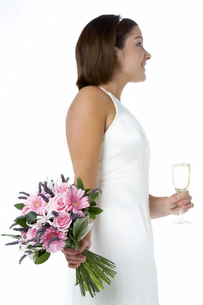 Retrato Noiva Segurando Buquê Copo Vinho — Fotografia de Stock