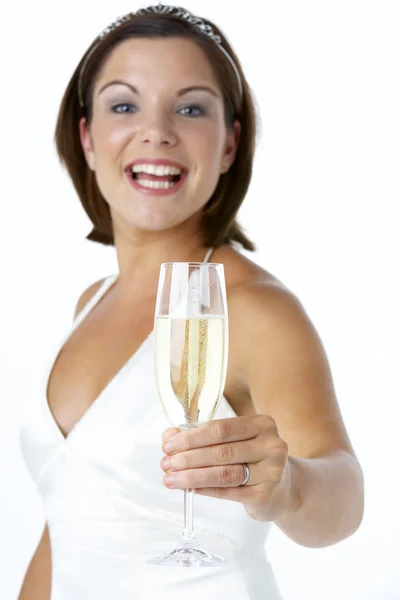 Retrato Noiva Brindar Com Copo Vinho — Fotografia de Stock