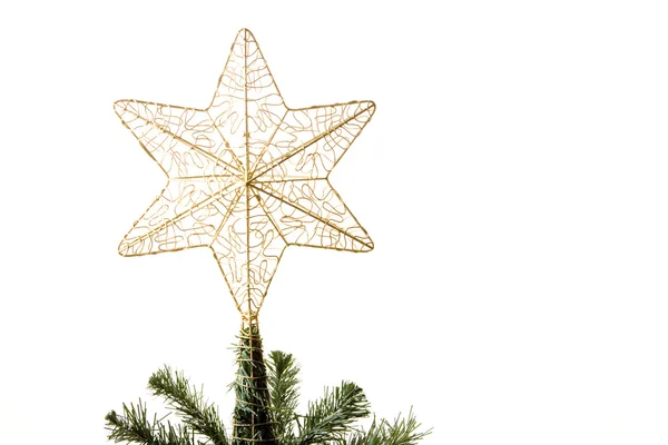 Χρυσό Αστέρι Στην Κορυφή Χριστουγεννιάτικο Δέντρο Λευκό Φόντο — Φωτογραφία Αρχείου