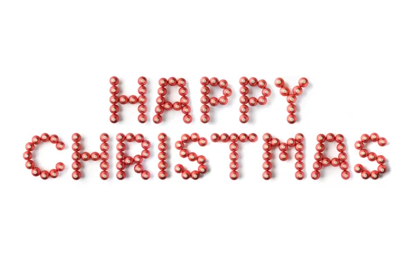 Red Christmas Baubles Ortografía Feliz Navidad Contra Fondo Blanco —  Fotos de Stock