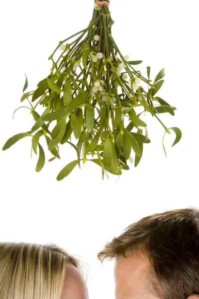 Couple standing beneath mistletoe — Stock Photo, Image