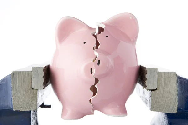 Piggy Bank Split Two Whilst Being Held Vice — Stock Photo, Image