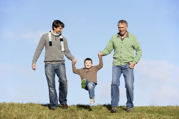 Отец и дедушка размахивают маленьким мальчиком — стоковое фото