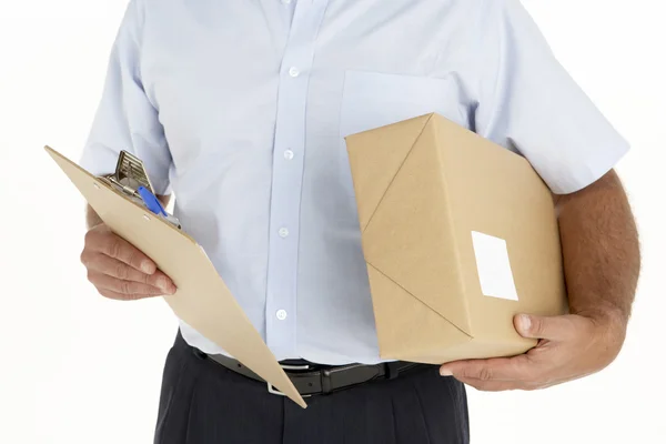 Courier Holding Parcel Clipboard — Stock Photo, Image