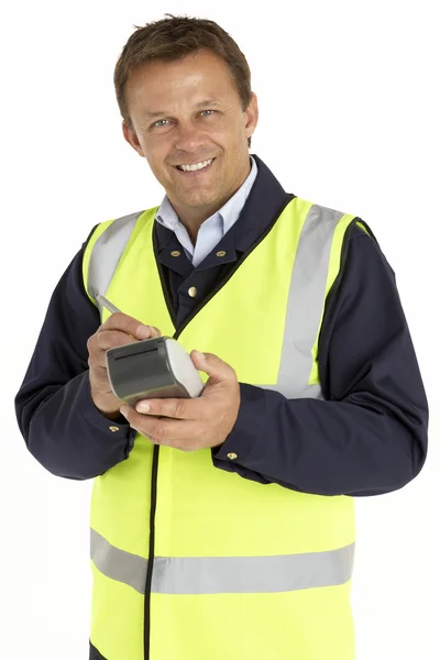 Courier Writing On An Electronic Clipboard, Smiling At The Camer — Stock Photo, Image