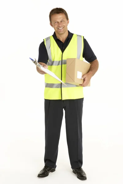 Courier Holding A Parcel And Clipboard — Stock Photo, Image