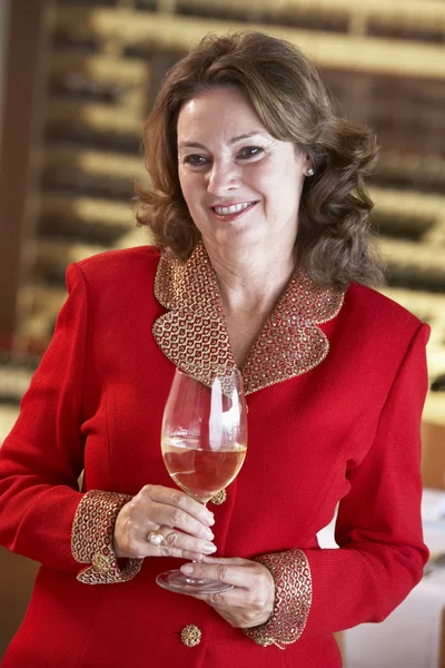 Donna Che Beve Bicchiere Vino Bar — Foto Stock