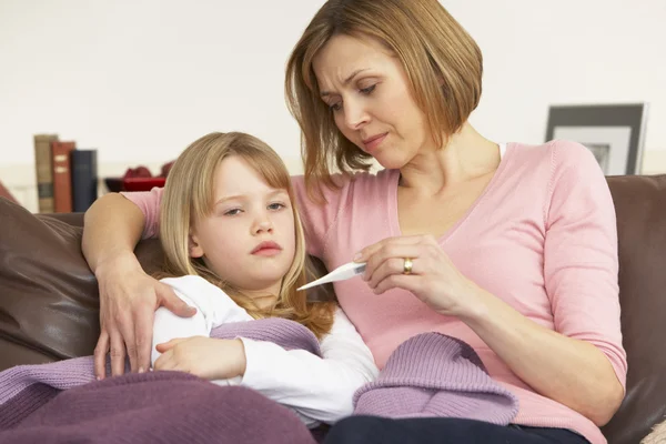 Mother Taking Temperature Of Sick Daughter — Stock Photo, Image