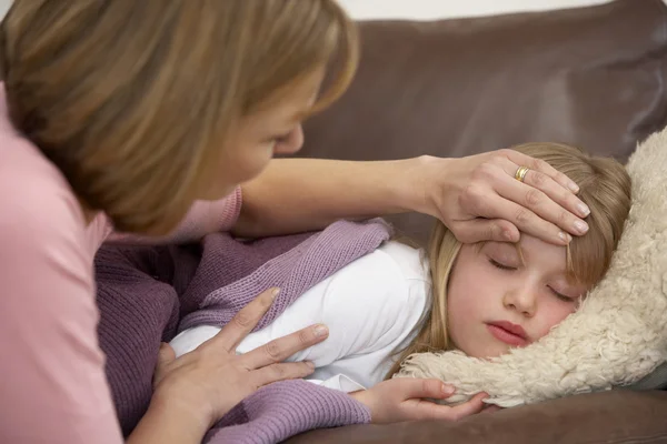 Mother Taking Temperature Of Sick Daughter — Stock Photo, Image