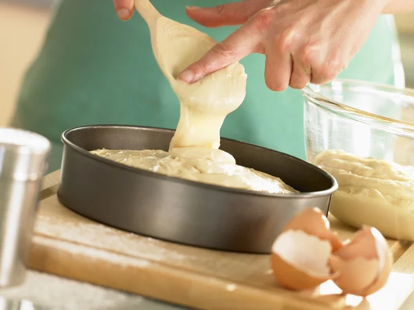 Pouring Cake Mixture Into Baking Tin — Stock Photo, Image
