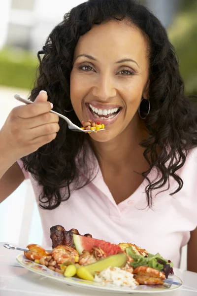 Middle Aged Woman Dining Fresco Stock Picture