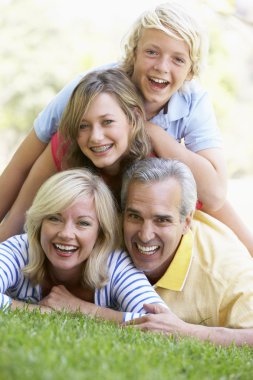 Family Lying On Top Of Each Other In A Park clipart