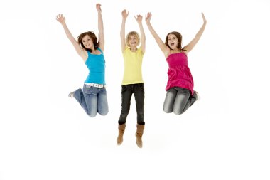 Group Of Three Young Girls Leaping In Air clipart