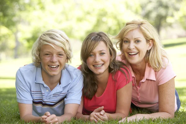 Frau Und Ihre Kinder Teenageralter Liegen Gras — Stockfoto