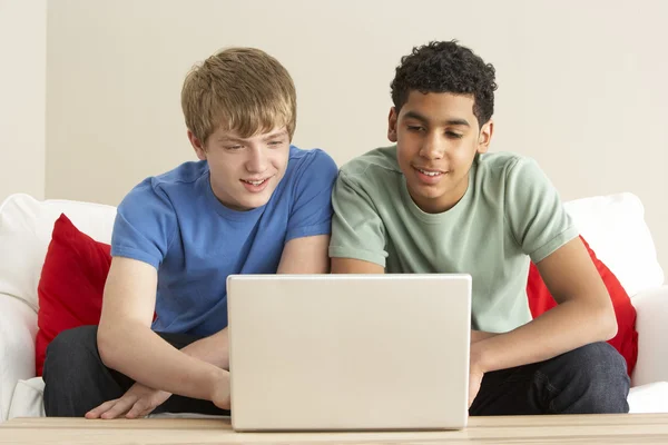 两个男孩在家中使用的笔记本电脑 — 图库照片