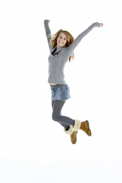 Full Length Portrait Of Jumping Teenage Girl — Stock Photo, Image