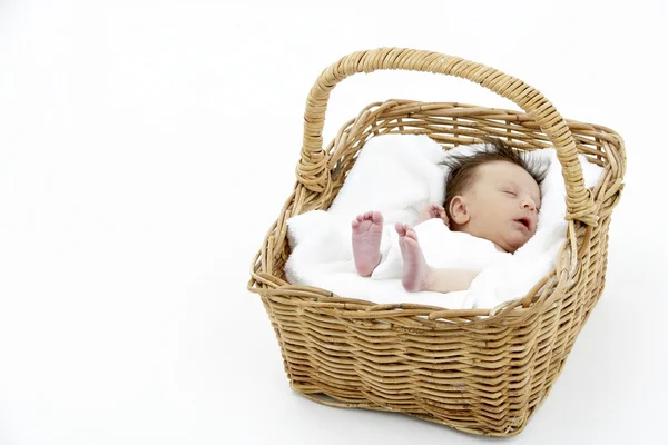 Bebê recém-nascido dormindo em cesta — Fotografia de Stock