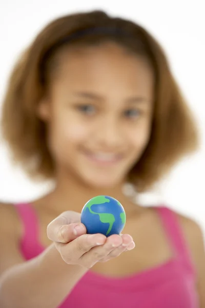 Young Girl Hoiding Small Globe — Stock Photo, Image