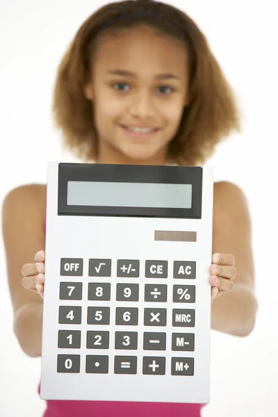Молодая Девушка Держит Калькулятор — стоковое фото