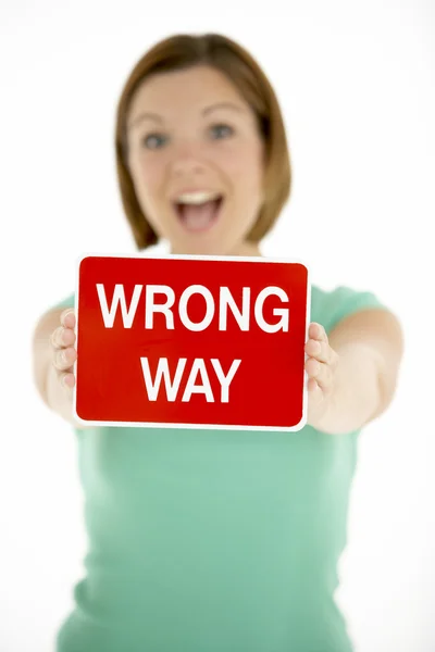 Woman Holding Road Traffic Sign — Stock Photo, Image