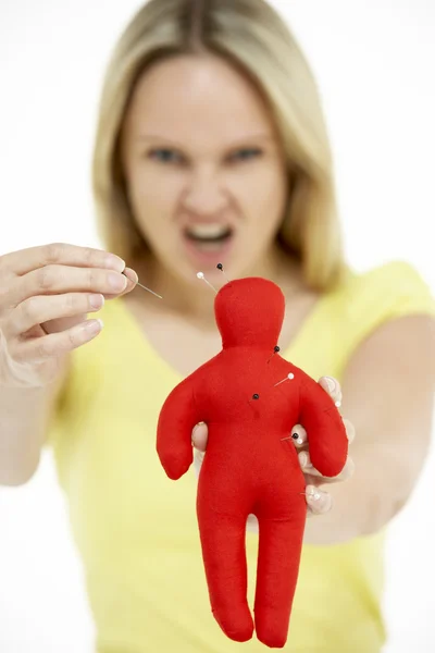 Woman Holding Voodoo Doll — Stock Photo, Image