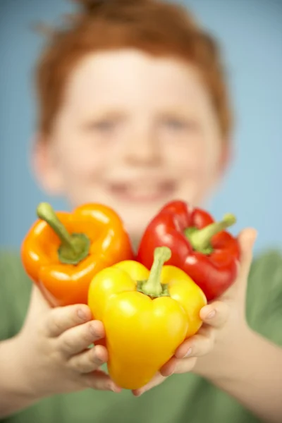 Menino jovem segurando pimentas coloridas — Fotografia de Stock