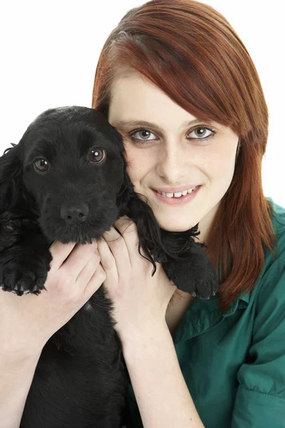 Girl With Black Spaniel Puppy — Stock Photo, Image