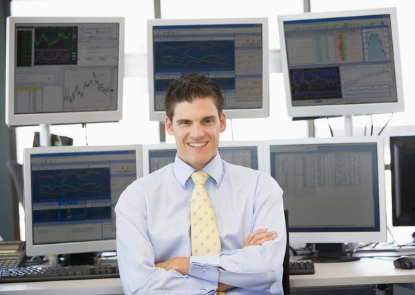 Portrait Of Stock Trader In Front Of Computer Monitors — Stock Photo, Image