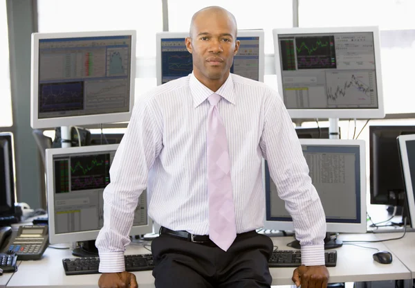 Portrait Stock Trader Front Computer Monitors — Stock Photo, Image