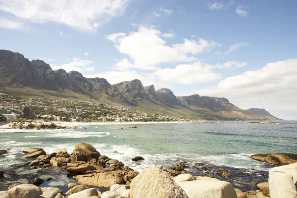 stock image Rocky, wild beach, where waves hit the rocks washing away the land and remove trees