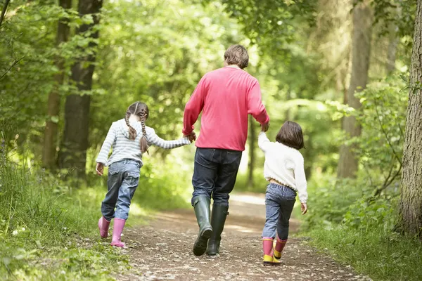 Família caminhando no caminho segurando as mãos sorrindo — Fotografia de Stock