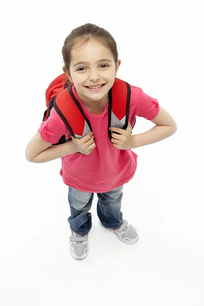 Studio Portrait Smiling Girl Wearing School Bag — Stock Photo, Image