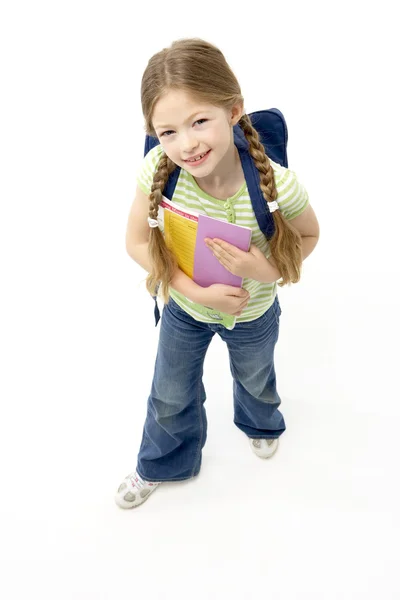 Studioporträt Eines Lächelnden Mädchens Mit Schulbuch — Stockfoto