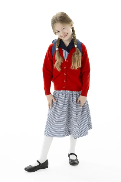 Studiový portrét smějící se dívka, která nosí školní batoh — Stock fotografie