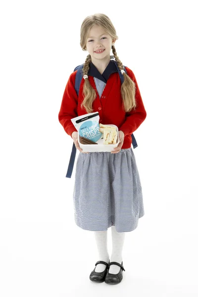 Στούντιο πορτρέτο του χαμογελαστό κορίτσι εκμετάλλευση Καλαθάκι με φαγητό — Φωτογραφία Αρχείου