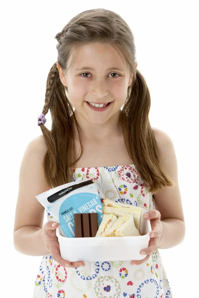 Portrét Studio Usmívající Dívka Hospodářství Lunchbox — Stock fotografie