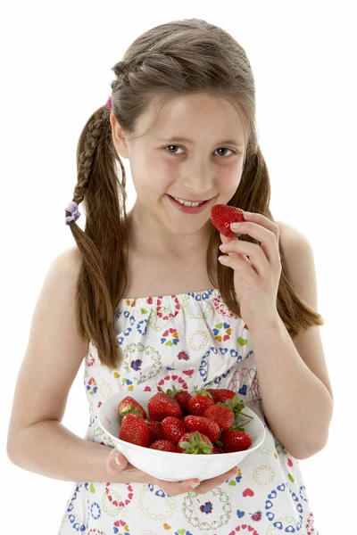 Studio Portrait Smiling Girl Holding Bowl Strawberries — Stock Photo, Image