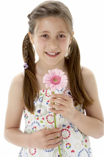 Estúdio Retrato Sorridente Menina Segurando Flor — Fotografia de Stock