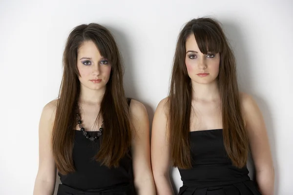 Retrato de estúdio de meninas adolescentes gêmeas elegantemente vestidas — Fotografia de Stock