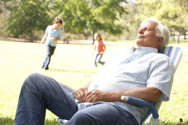 高级男人放松在公园的孙子在背景中 — 图库照片