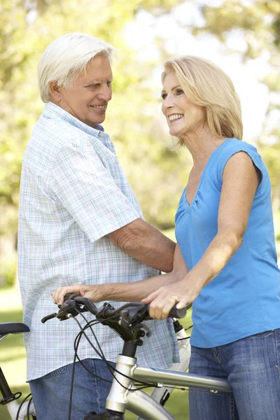Couple aîné en vélo dans le parc — Photo