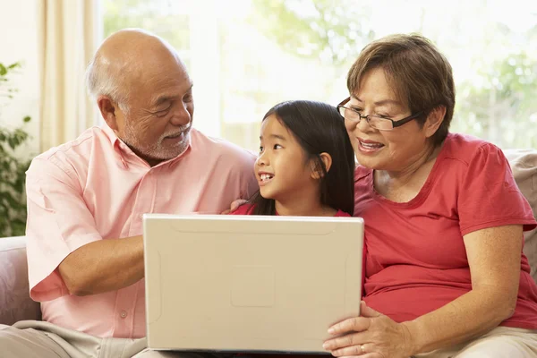 Бабусі і дідусі і донька використовуючи ноутбук комп'ютер вдома — стокове фото