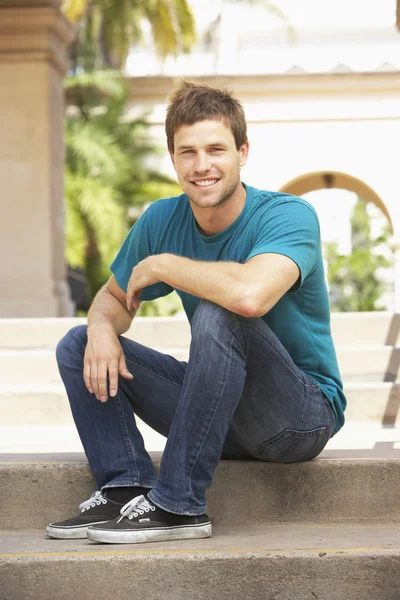 Young Man Sitting Steps Building — Stock Photo, Image