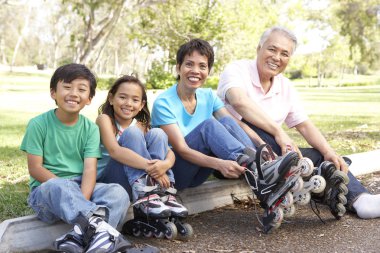 Grandparents With Grandchildren Putting On In Line Skates In Par clipart