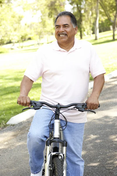 Äldre man ridning cykel i park — Stockfoto
