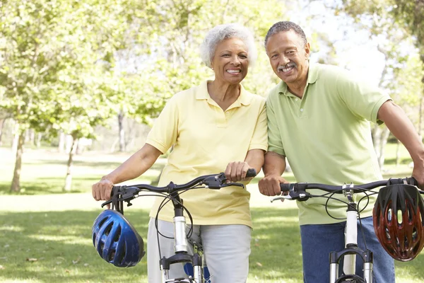 上了年纪的夫妇在公园骑自行车 — 图库照片