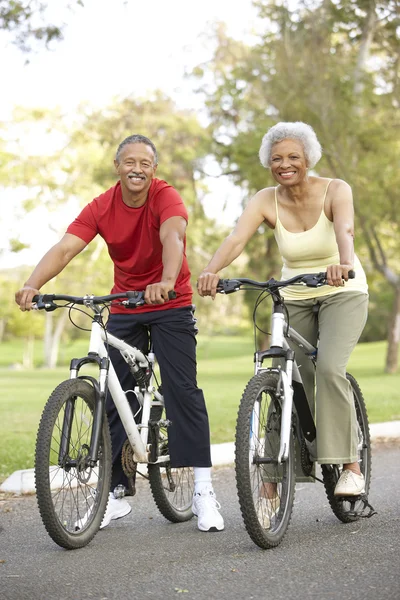 Pareja de ancianos montar bicicletas en el parque — Foto de Stock