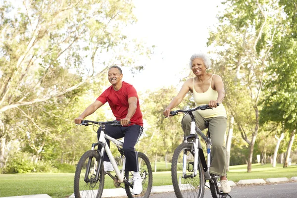 Senior Couple Riding Bikes Park — Stock Photo, Image