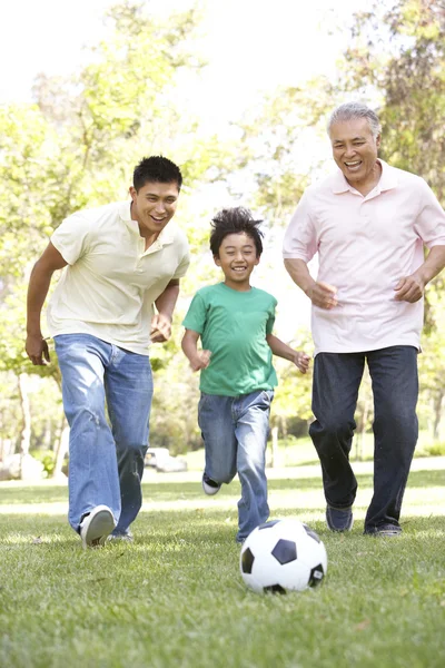 Дедушка с сыном и внуком играют в футбол в парке — стоковое фото